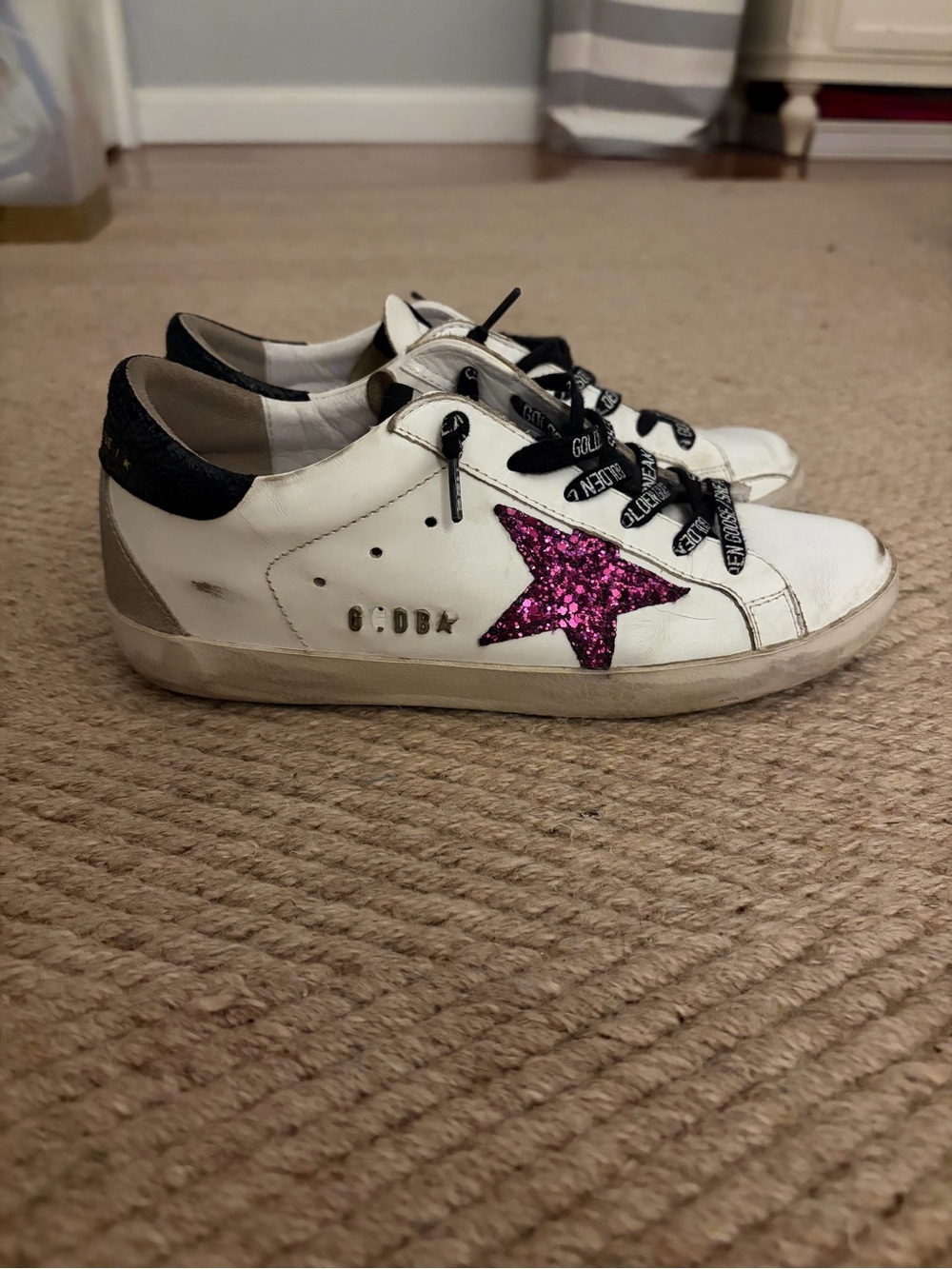 Golden Goose White Sneakers with Pink/Purple Glitter Star